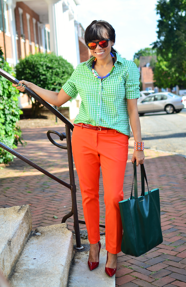 Green Gingham Shirt Orange Pants