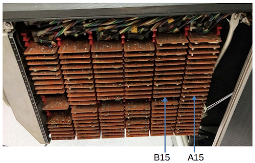 The gate in the 1401 holding the card reader circuitry. Note the cards in positions A15 and B15.