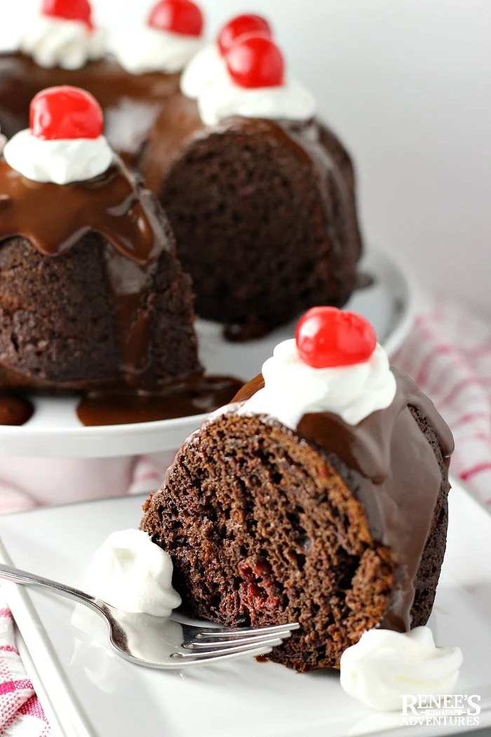 Chocolate Cherry Cake by Renee's Kitchen Adventures piece of cake on white plate with fork and whole cake in background