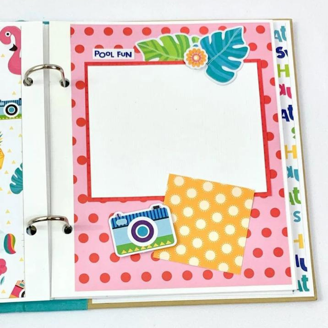 Summer Fun Scrapbook Album page white pink polka dots, palm tree leaves, and a camera