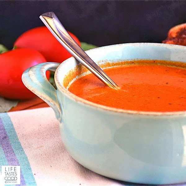 Tomato Basil Soup | by Life Tastes Good is the tomato soup recipe of my dreams! Yes, I dream about delicious tomato basil soup! Fresh roasted vegetables and herbs. Healthy, delicious, and easy to make too!