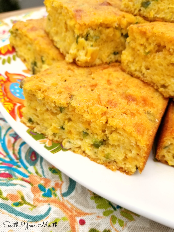 Navajo Cornbread - A rustic, savory cornbread recipe chocked full of jalapeno peppers, jack cheese, creamed corn and green onions.