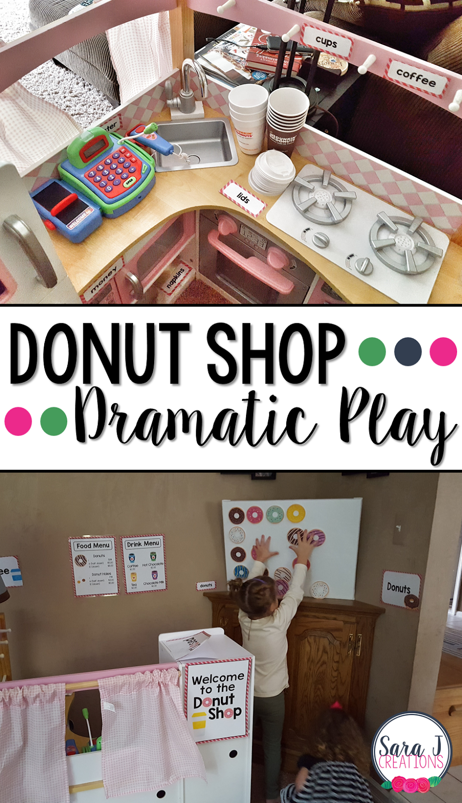 Donut and coffee shop dramatic play area is so cute for preschool!