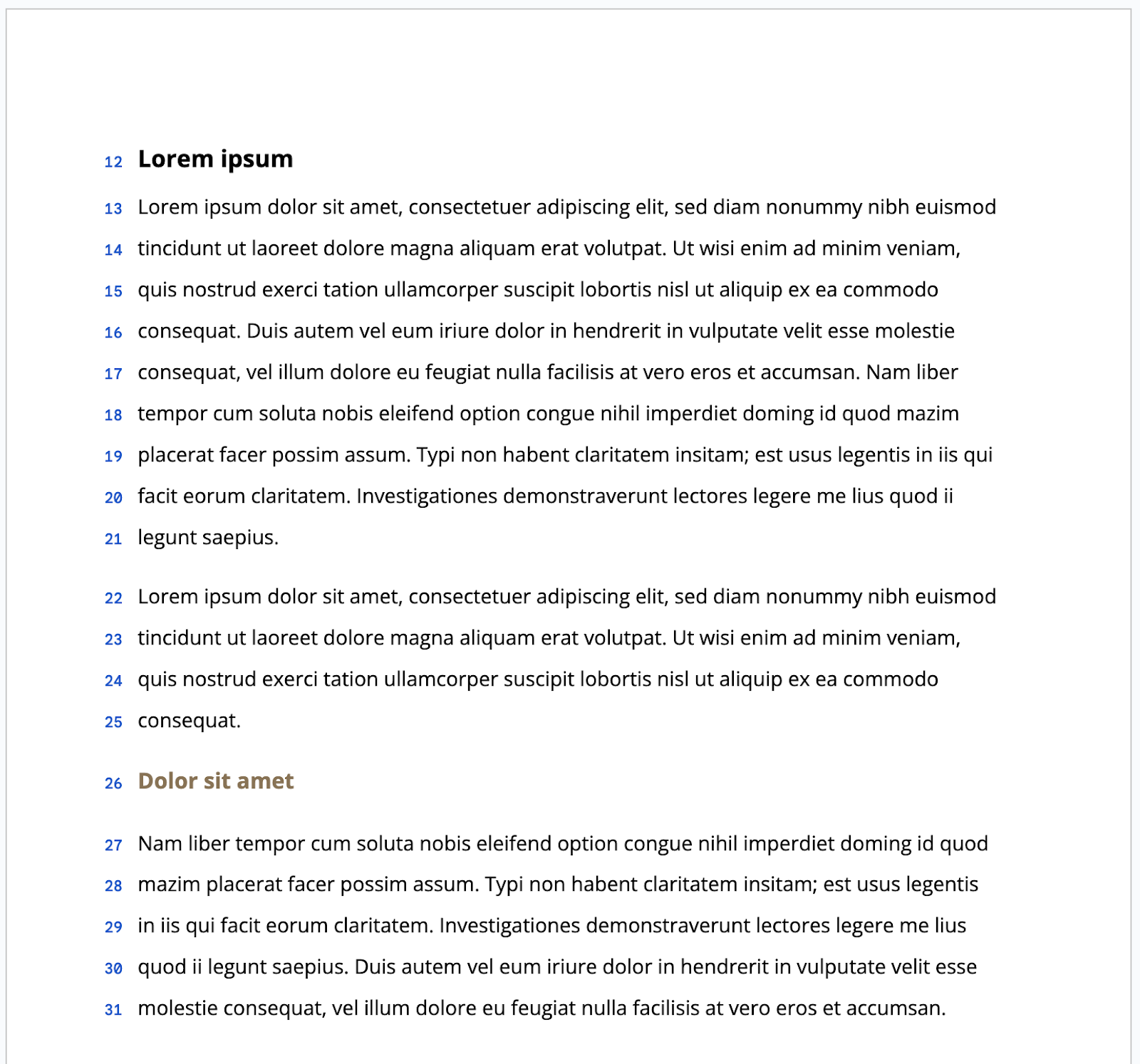 Screenshot of an example document with a number associated with each line within a Google Doc