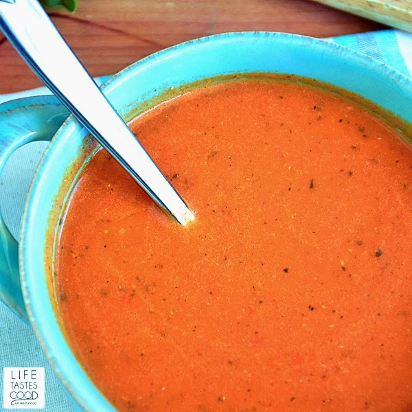 Tomato Basil Soup | by Life Tastes Good is the tomato soup recipe of my dreams! Yes, I dream about delicious tomato basil soup! Fresh roasted vegetables and herbs. Healthy, delicious, and easy to make too!