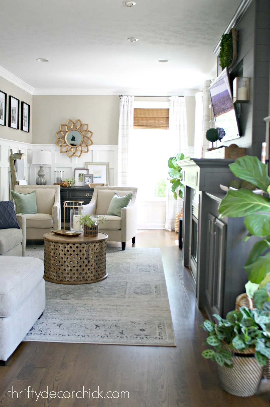 long living room with board and batten