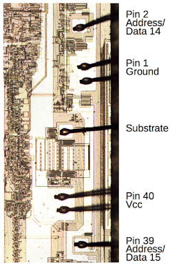 Each pad on the die of the 8087 FPU chip is wired to one of the 40 pins of the chip. But there is one extra wire between pins 1 and 40. It is connected to the chips's substrate.