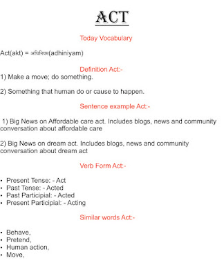 Today Vocabulary Act | Definition Act | Sentence example Act | Verb Form Act | Similar words Act | Derived forms Act | Origin Act