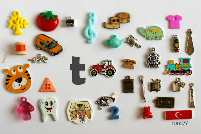 TomToy Individual letter T I spy trinkets for alphabet, Miniature abc objects, Montessori alphabet. Sorting toddler activities