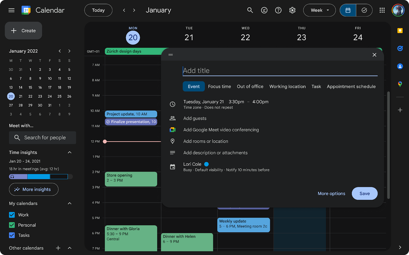 Calendar on web in dark mode