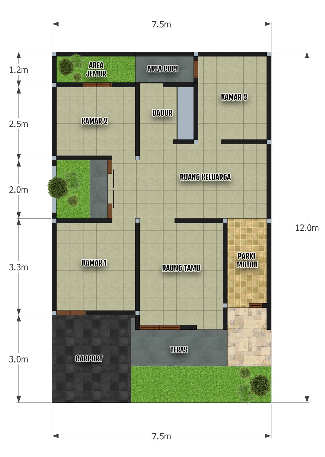 Rumah minimalis 7.5x12 3 Kamar Tidur - DESAIN RUMAH MINIMALIS - Denah Rumah Ukuran 8x12 3 Kamar Tidur