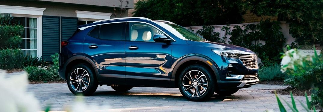 A parked blue 2021 Buick Encore.