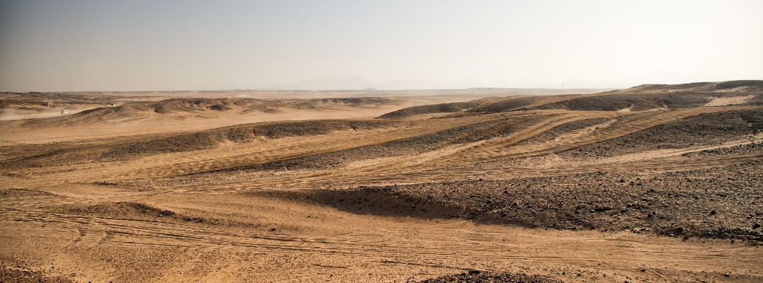 A desert landscape with criss-crossing tire tracks.