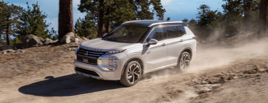 Front three-quarter view of the 2023 Mitsubishi Outlander PHEV off-roading