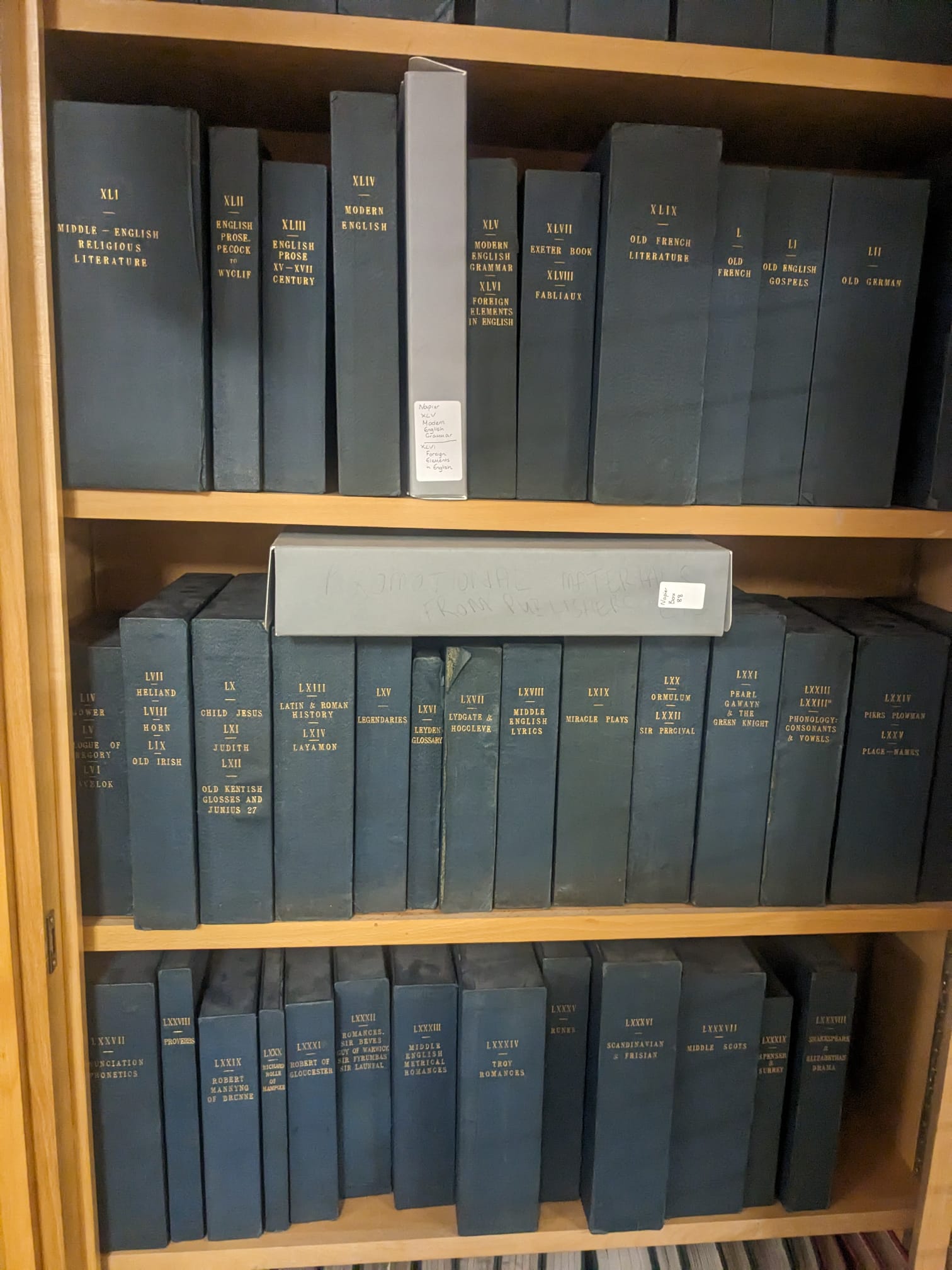 Three shelves full of dusty grey-blue boxes, each with gilded lettering detailing its number and contents. There are also two modern grey conservation boxes.