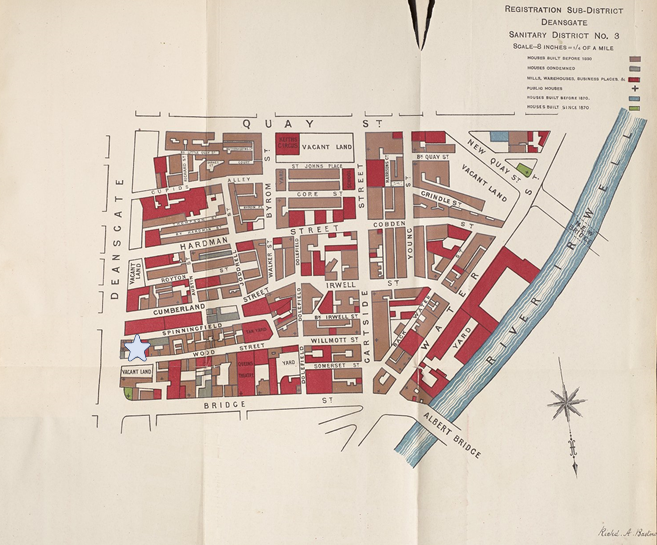 A map of Deansgate pre-Rylands from an 1880s sanitation report, there is a blue star that marks where Rylands will be!