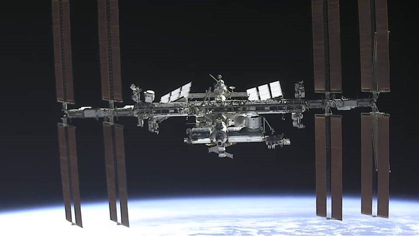 A view of the International Space Station from inside SpaceX's Crew Dragon spacecraft.