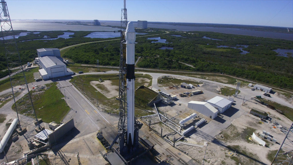 The SpaceX Falcon 9 and Dragon spacecraft are on Space Launch Complex 40 at Cape Canaveral Air Force Station in Florida.