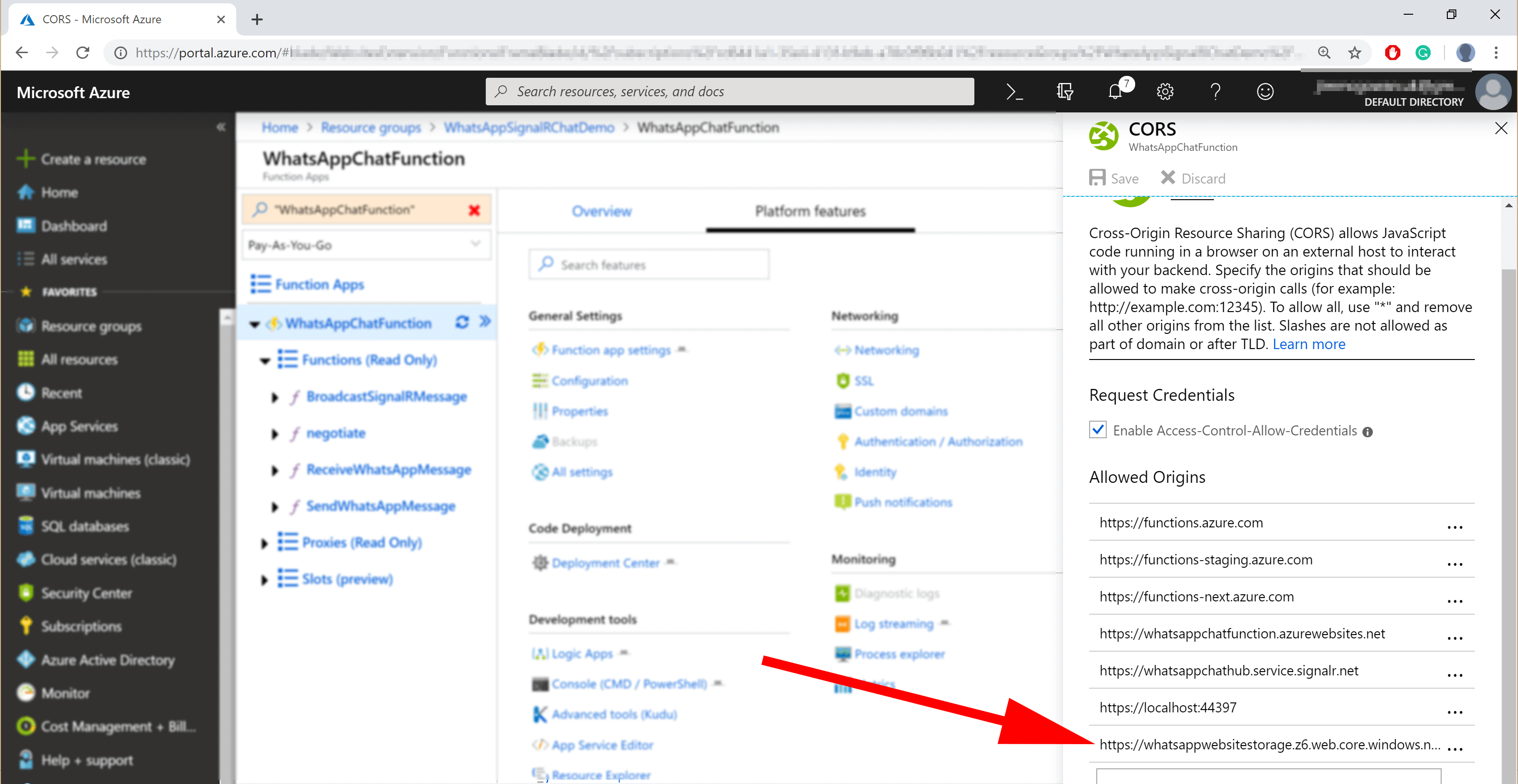 image showing azure function cors add new entry