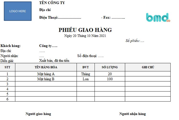 Mẫu Phiếu Giao Hàng Bằng File Excel Và Word Mới Nhất