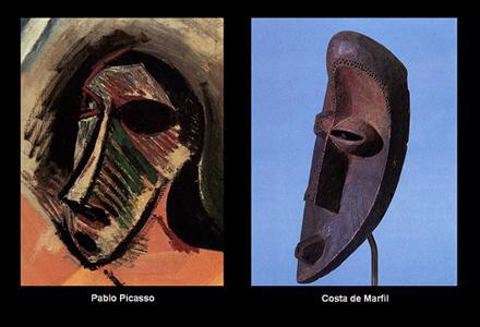 Two flat face masks side by side labeled Pablo Picasso and Costa de Martil