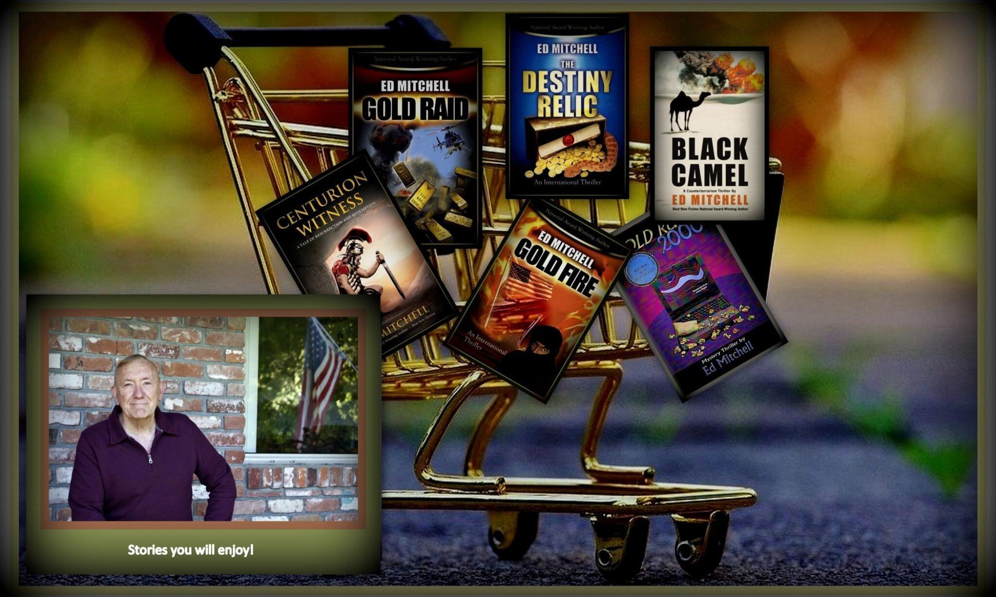 Gold shopping cart full of award winning books