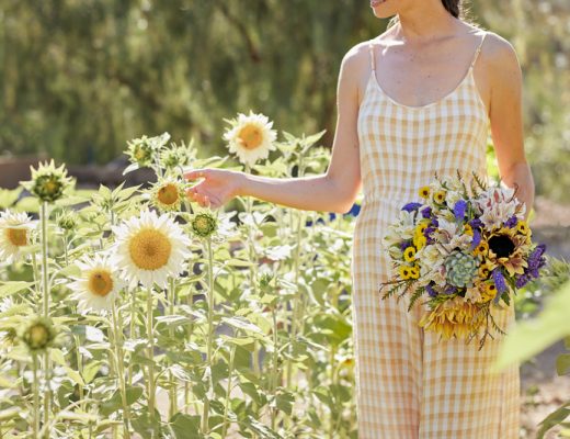 Woman walking through a field of sunflowers.