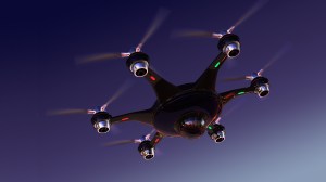 Drone with surveillance camera flying in night sky