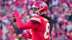 Dec 21, 2024; Kansas City, Missouri, USA; Kansas City Chiefs wide receiver DeAndre Hopkins (8) celebrates after catching a pass against the Houston Texans during the second half at GEHA Field at Arrowhead Stadium. Mandatory Credit: Denny Medley-Imagn Images