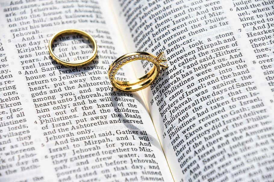 gold-colored wedding band on book, marriage, ring, bible, catholic, HD wallpaper