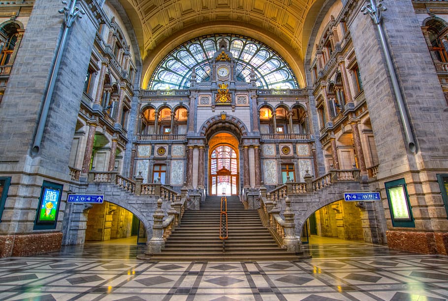 gray concrete building interior, Antwerp, Hall, Building, station hall, HD wallpaper