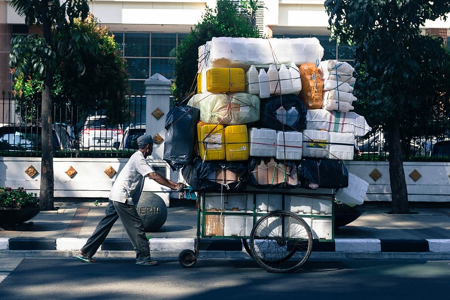 man pushing cart with containers, man pushing green cart on road, HD wallpaper