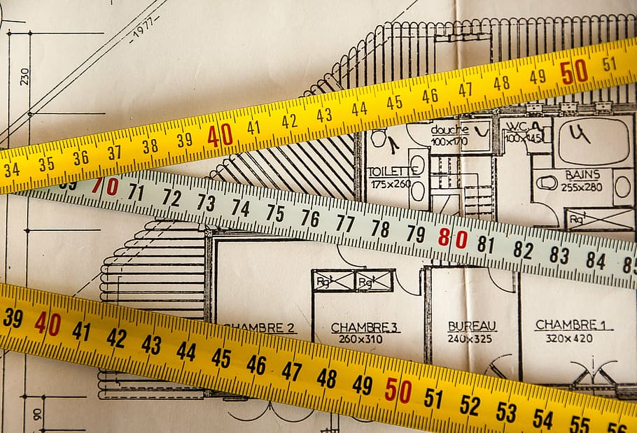 three tape measure on white printer paper, plan, building, measurement, HD wallpaper