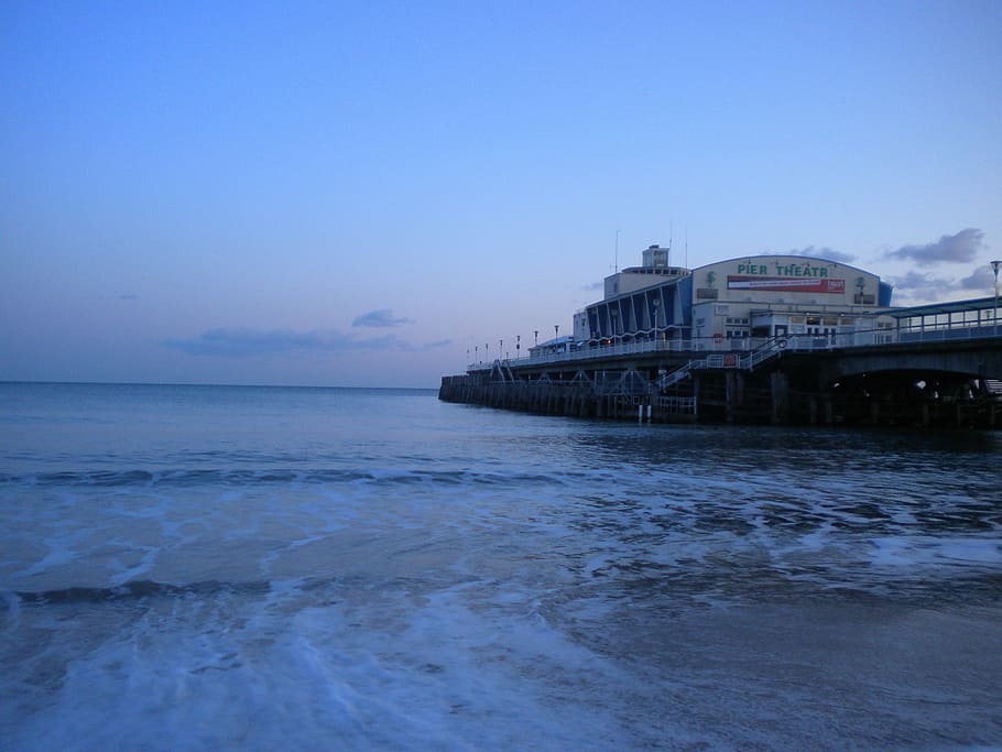 bournemouth pier, beach, england, shore, sea, water, sky, architecture