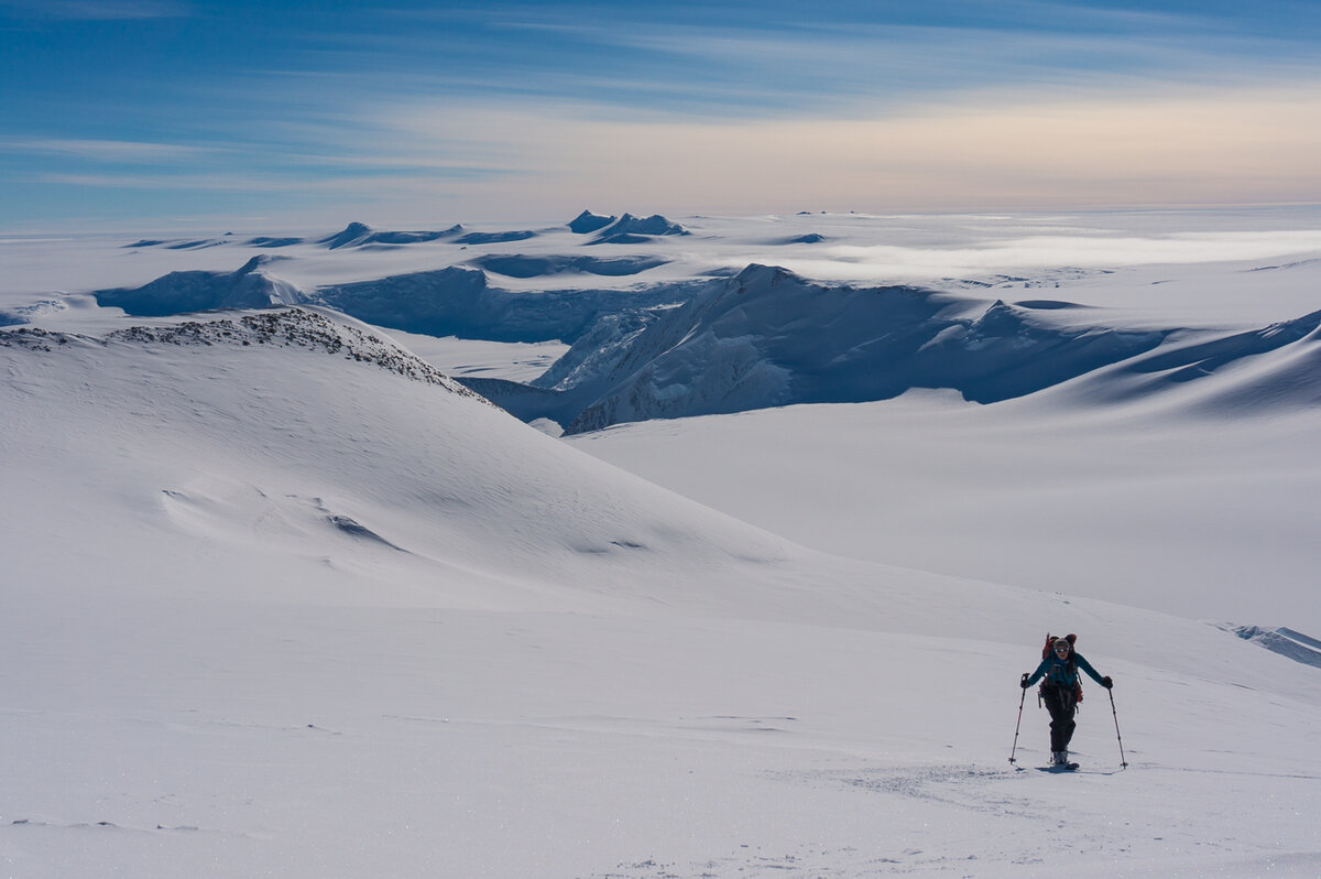 Ski touring surrounded by endless white and mountains