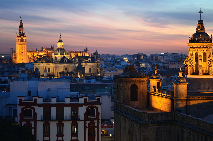 Cities, Seville, Andalusia, Cathedral, City, Night, Spain, Twilight, HD wallpaper