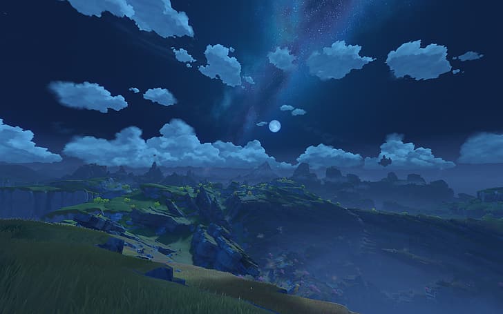 Genshin Impact, anime sky, clouds, mountains, Screenshot of the game