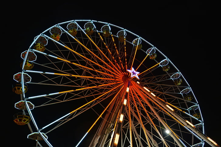 Ferris wheel, night, neon, lights, amusement park ride, arts culture and entertainment, HD wallpaper