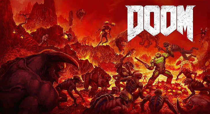 Doom game illustration, video games, Doom (game), red, religion, HD wallpaper