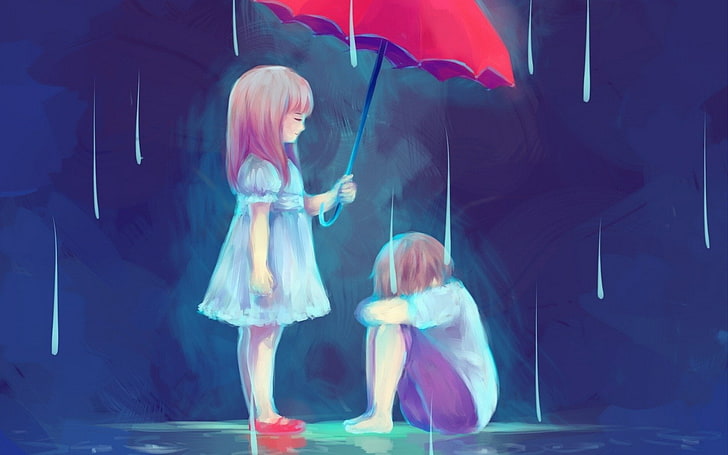 girl holding umbrella in front of boy painting, Artistic, Love, HD wallpaper