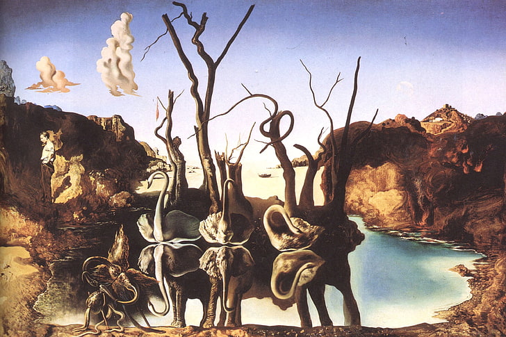 desert wallpaper, surrealism, picture, artist, swans, Salvador Dali, HD wallpaper