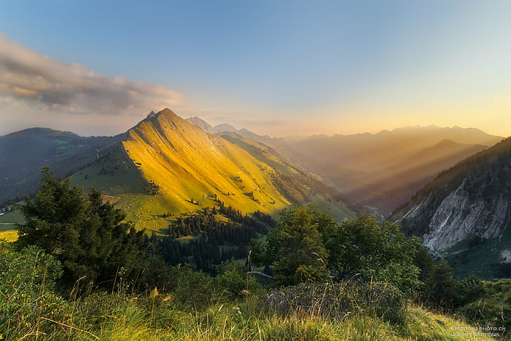 lanscape photo of mountain with sunray surrounded by trees, landscape, HD wallpaper