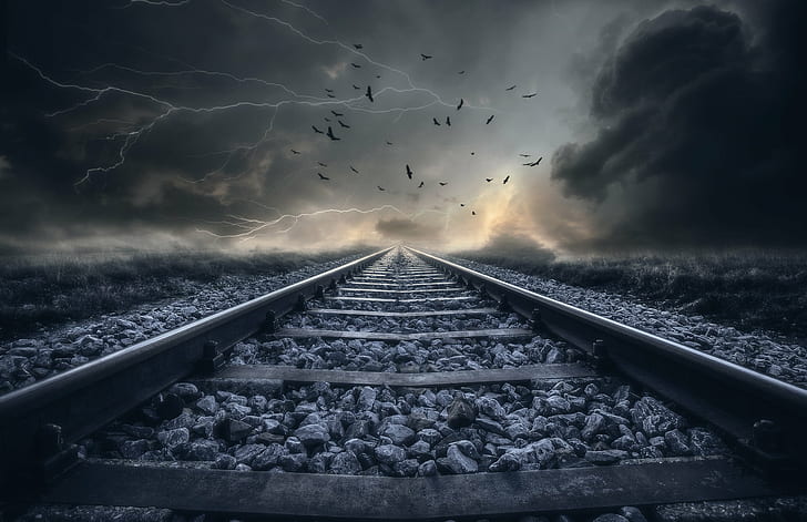 photography of train rail, Track, Storm, Landscape, Railway, Clouds, HD wallpaper