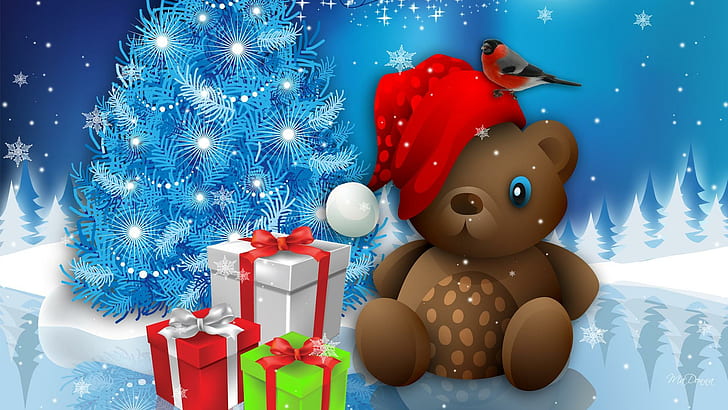 Christmas Bear, brown bear near christmas tree with gifts graphics, HD wallpaper