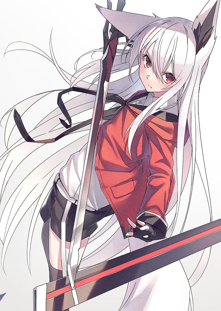 anime girls, white hair, red eyes, fox ears, fox tail