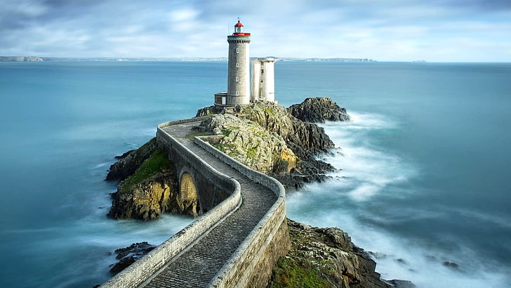 white concrete lighthouse, nature, landscape, sea, water, horizon, HD wallpaper