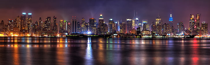 high rise buildings, New York City, night, lights, reflection, HD wallpaper