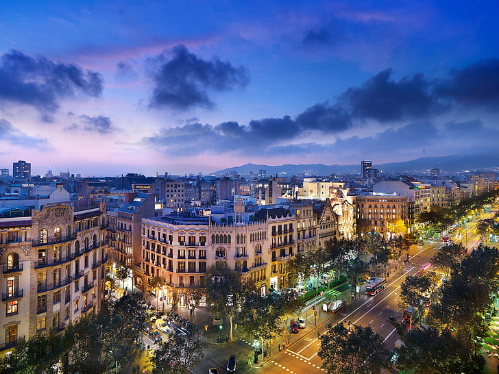 Spain, Barcelona, city night, street, road, architecture, lights, clouds, HD wallpaper