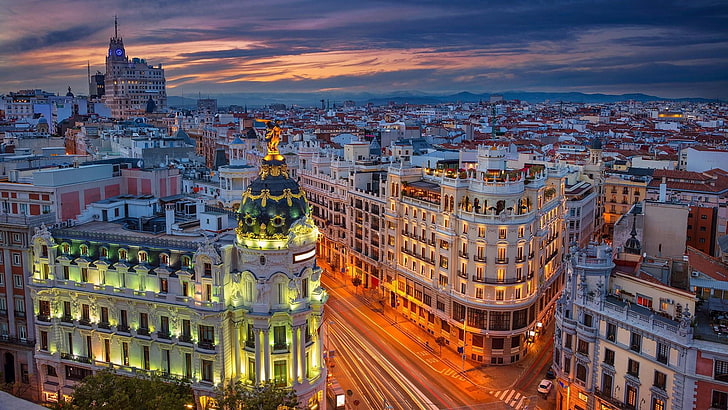 city, cityscape, gran vía, urban area, landmark, spain, sky, HD wallpaper