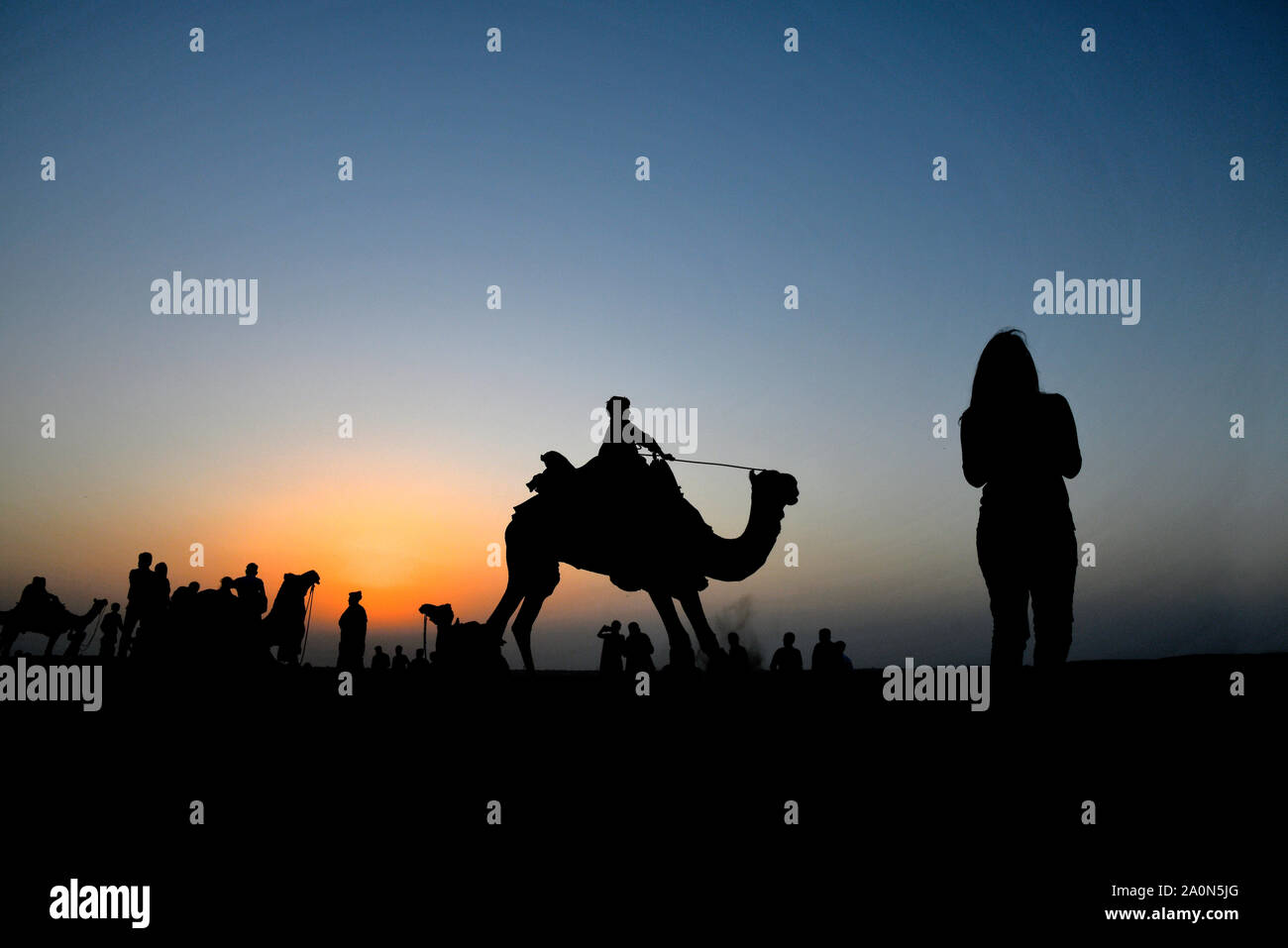 Camel Rides in silhouette, SAM dunes at Jaisalmer, Rajasthan, India Stock Photo